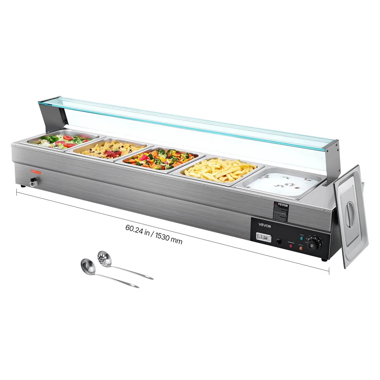 VEVOR 60QT Capacity Stainless Steel Commercial Food Warmer, 5-Pan 1500W Electric Steam Table with Glass Cover, 86-185F Temp Control Countertop Bain Marie for Catering, Restaurants, Food Warming