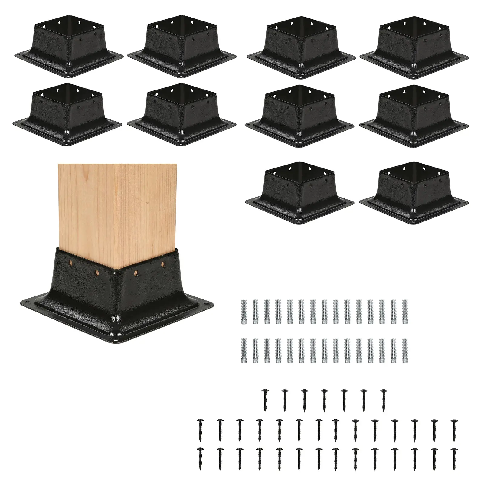 10-Pack Heavy Duty Carbon Steel Post Base Brackets, 4x4 Internal 3.6" x 3.6" Metal Deck Post Anchors with Screws & Expansion Anchors for Concrete/Wood Decks, Railings