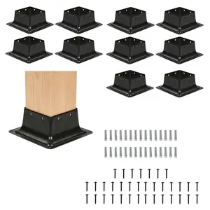 Set of 10 Pack 4x4 Post Base Bracket Internal 3.6" x 3.6" Steel Post Base for Wood Post, Deck Post Anchor with Screws for Pergola Porch Fence Mailbox Railing, Black