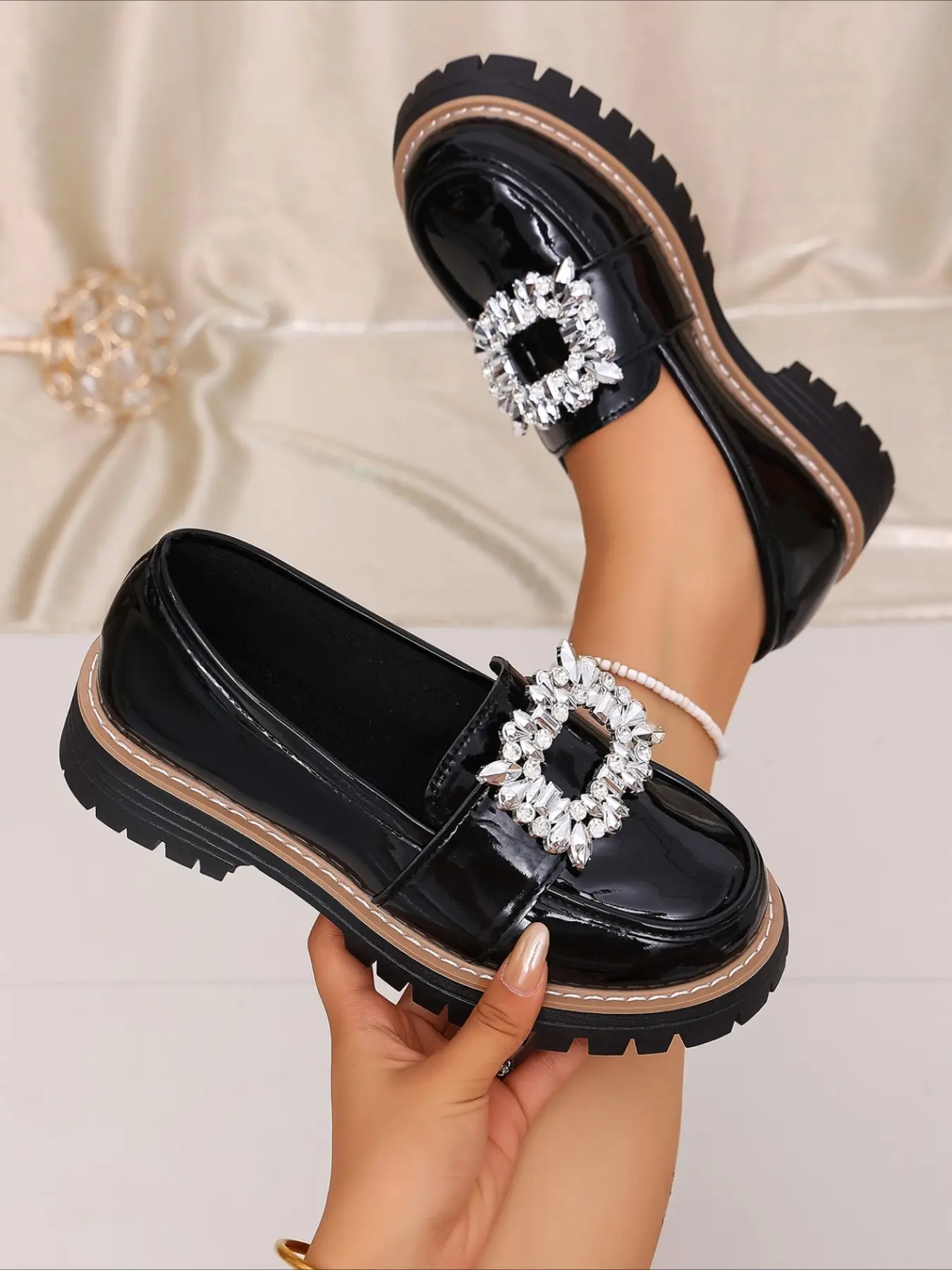 Patent leather platform loafers with square rhinestone buckle, contrast stitching, slip-on british style Women shoes for daily commuting.