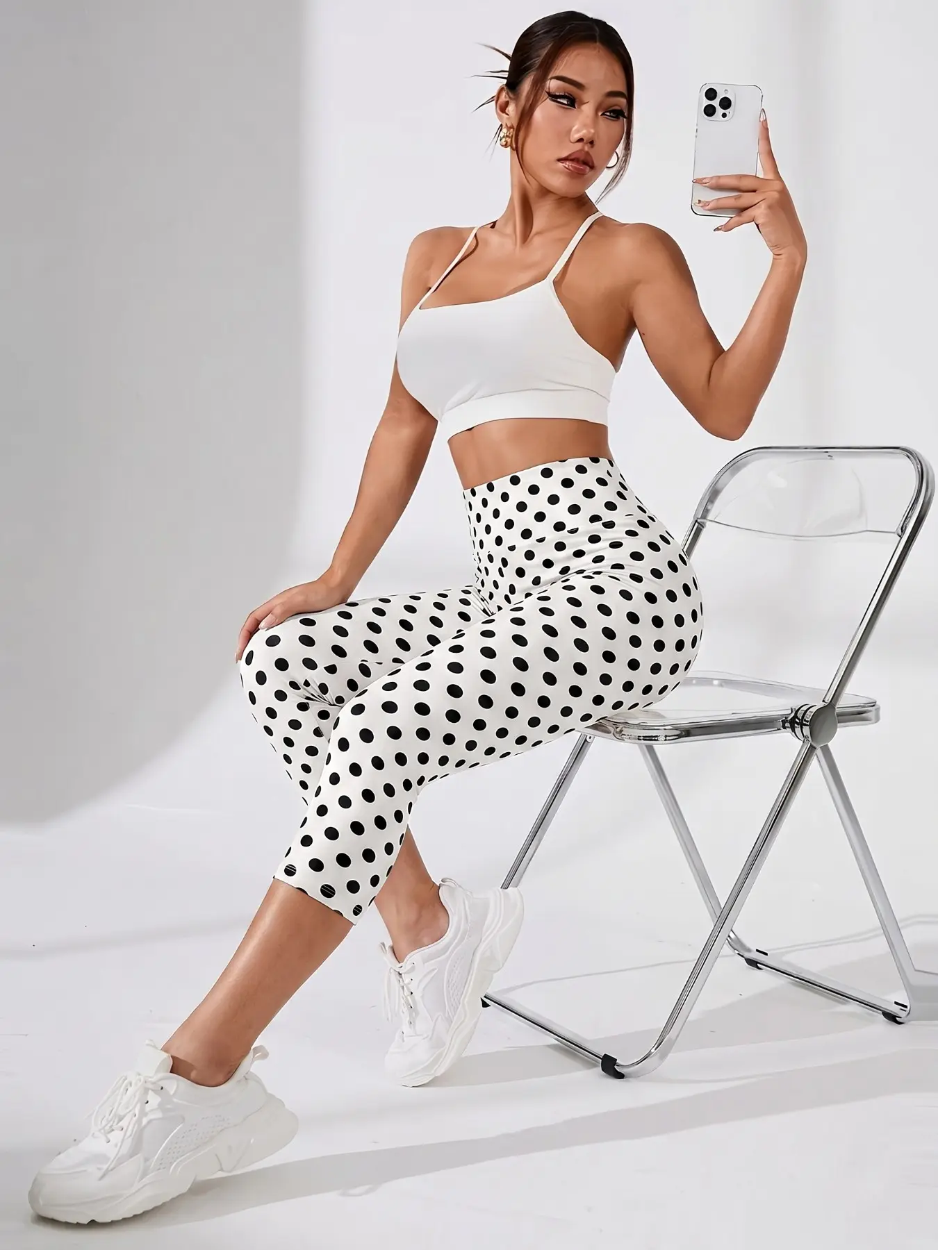 Women High Waist White Base Black Polka Dot Capri Leggings Stretch Tummy Control Cropped Yoga Pants Slim Fit Running Gym Workout Sport Leggings Activewear Bottoms Casual Daily Activewear