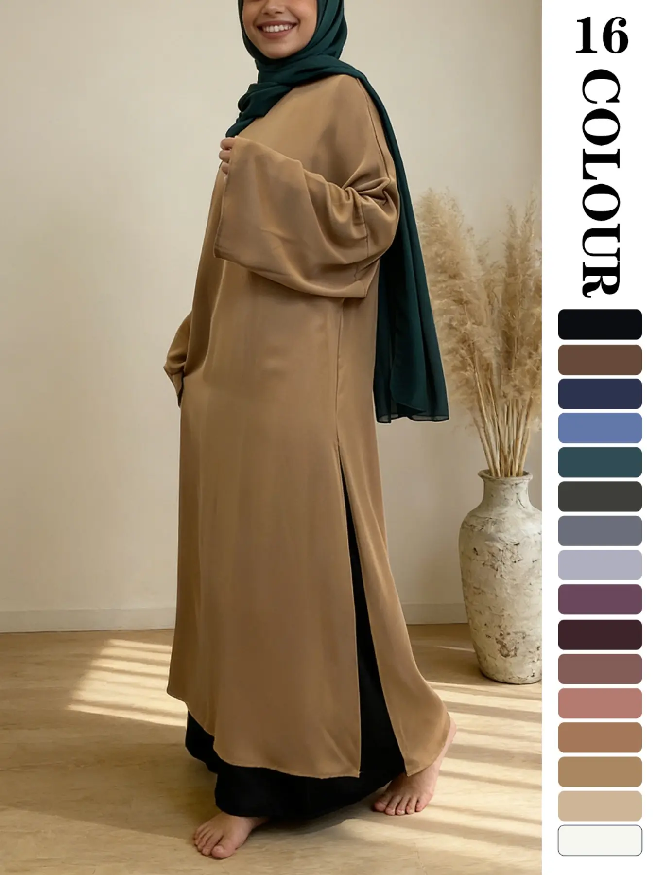 Muslim Sleepwear Nida Fabric, Modest Islamic Clothing, 16 colour Available in 5 Sizes,  Breathable Loose Fit, Side Slit Design, Casual Long Robe, Not Included   inner and Hijab
