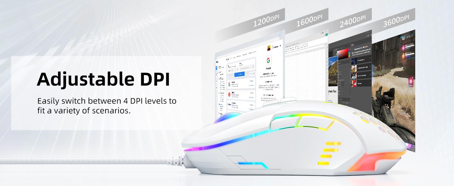 Wired PC Gaming Mouse: High Precision Sensor,RGB Backlit, Adjustable DPI, 7 Buttons Programmable,Ergonomic mice for Office & Gaming on Windows/Mac/Linux/Chrome-White