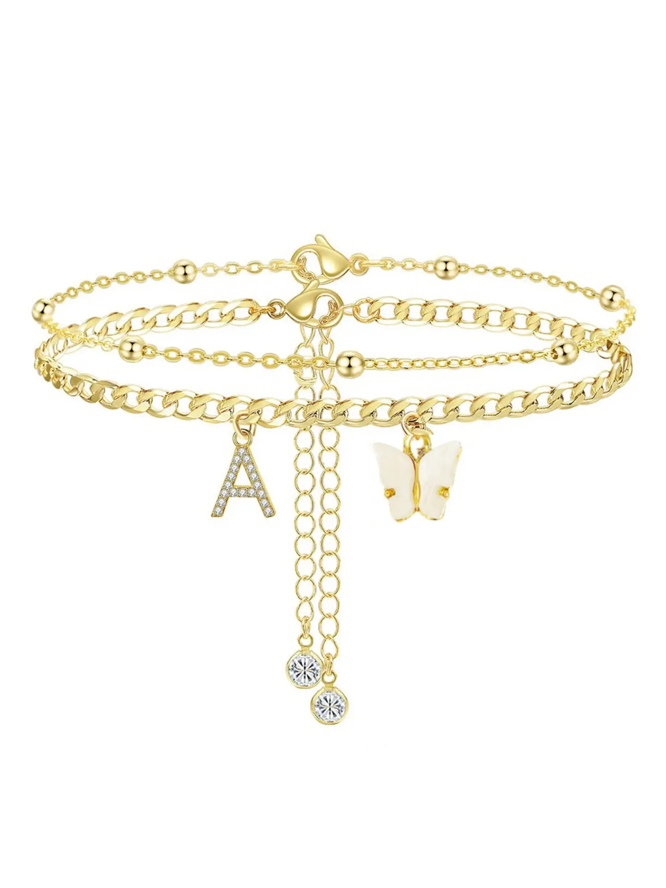 Exquisite Butterfly Initial Double layer Ankle Bracelet Handmade Cuban Chain White Butterfly A-Z Initial Foot Chain Personalized Summer Beach Jewelry Gift for Ladies and Girls；DealsForYouDays