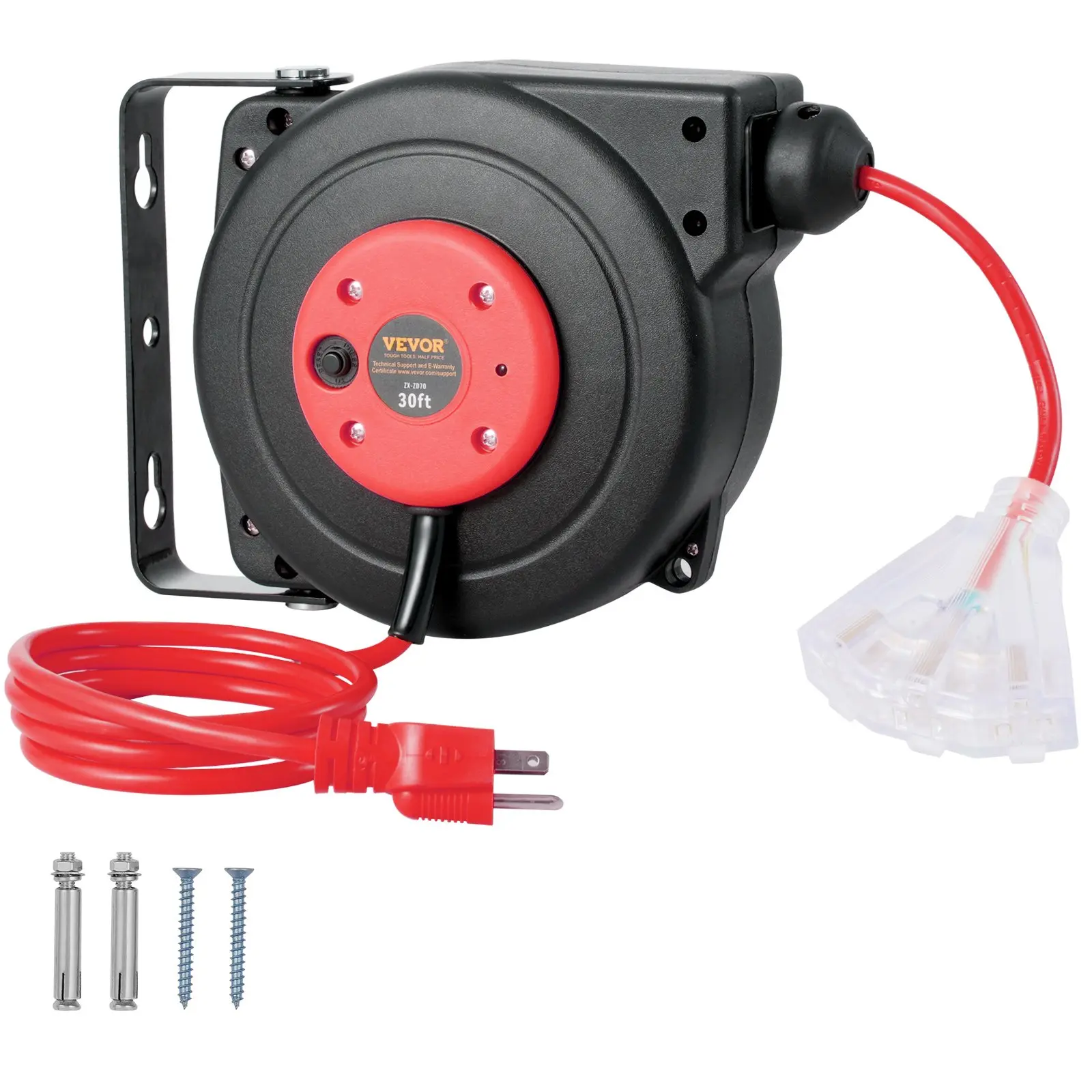 Retractable Extension Cord Reel, 30 FT, Heavy Duty 16AWG/3C SJTOW Retractable Power Cord Reel with Lighted Triple Tap Outlet 10 Amp Circuit Breaker 4.5FT Lead-in Cord, for Ceiling or Wall Mount