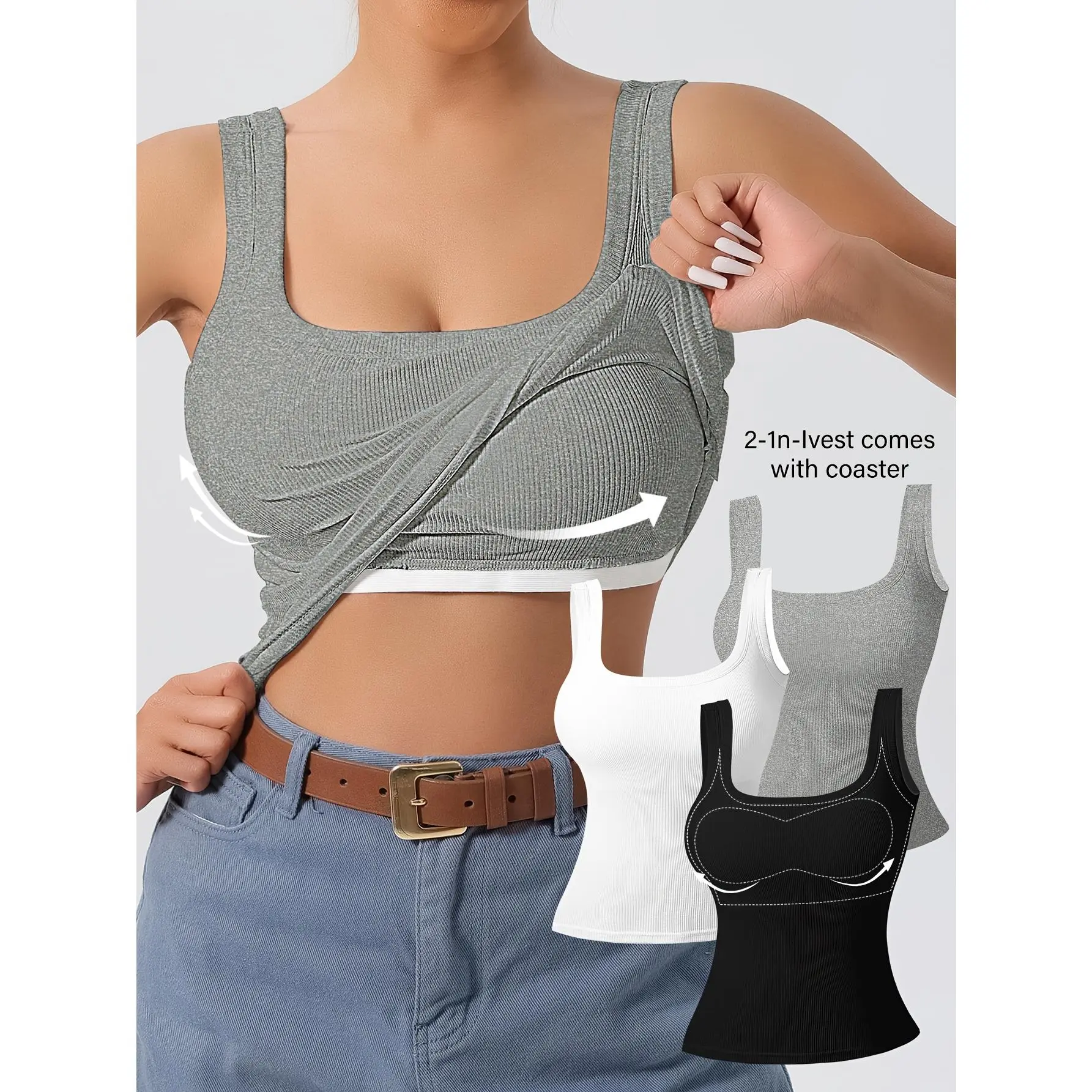 Women's 3PCS Knit Ribbed Tank Top - 2-in-1 U-Neck Sleeveless Padded Slim Fit Vest with Built-in Bra, Casual Breathable Stretchy Hollow Basic Camisole sophisticated bratops danysu woman