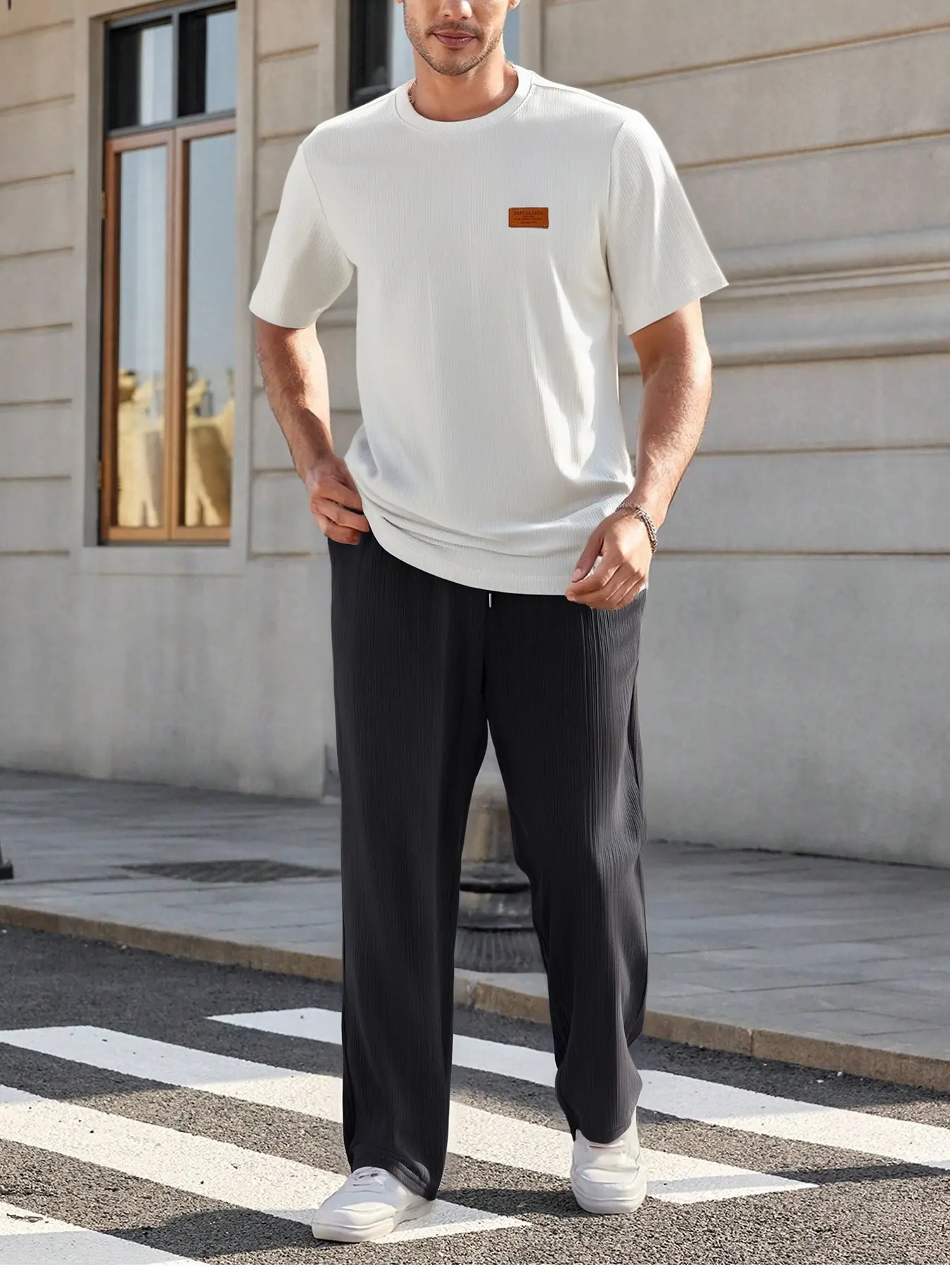Summer Men 2 Piece Matching Tracksuit, Vertical Ribbed Leather Label Crew Neck Short Sleeve T-Shirt + Elastic Waist Textured Straight Leg Pants, Ice Silk Breathable Wrinkle Free Casual Outfit For City Daily Street Style Home Wear
