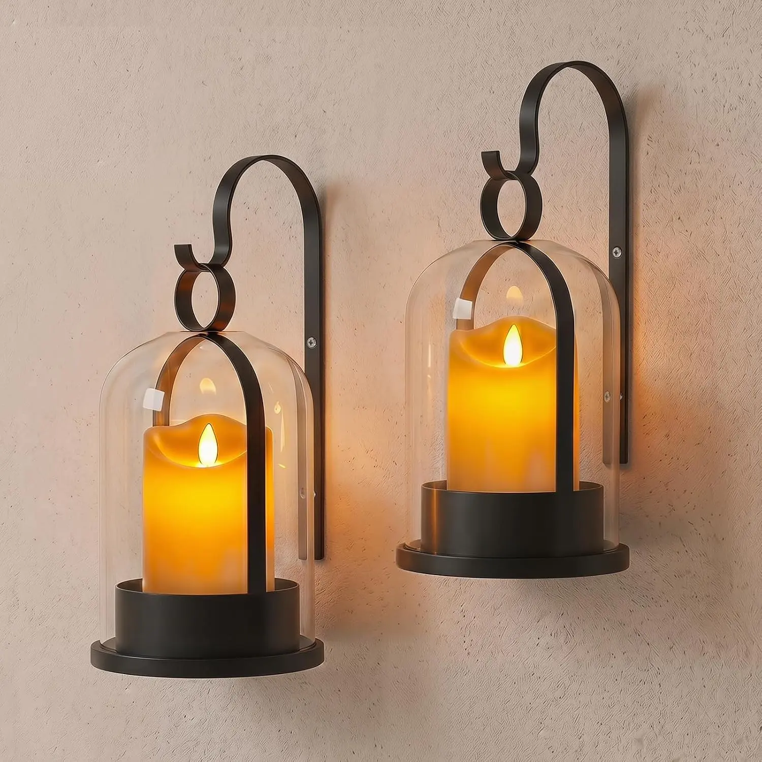 Black Glass Lanterns Wall Candle Sconces Set of Two, Vintage Metal Hurricane Wall Candle Holders Decorative, Hanging Lantern Rustic Farmhouse Decor for Home Bedroom, Hallway, Living Room