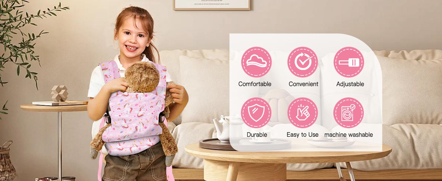 Baby Doll Carrier, Front and Back Doll Accessories Carrier for Little Girls, with Adjustable Straps for Stuffed Animal Reborn Baby Doll, Pink Unicorn