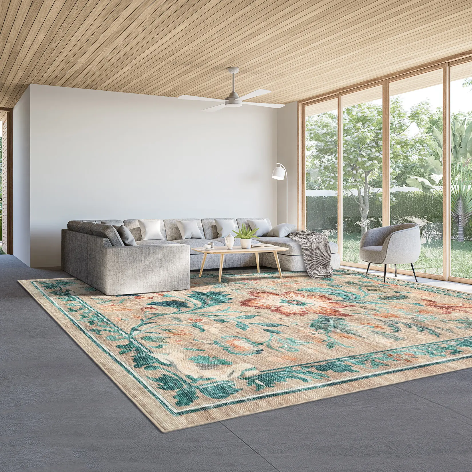 Washable Floral Print Rug for Living Room or Bedroom - Collapsible, Non-Slip, Easy to Clean, Pet Friendly Carpet - Modern Home Decor