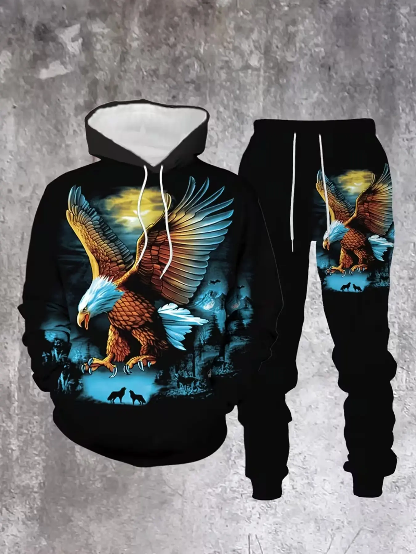 Men's Hawk Pattern Hoodie and Sports Pants Set, Outdoor Fall Winter Wear, Two-Piece for Men, Stylish and Comfortable