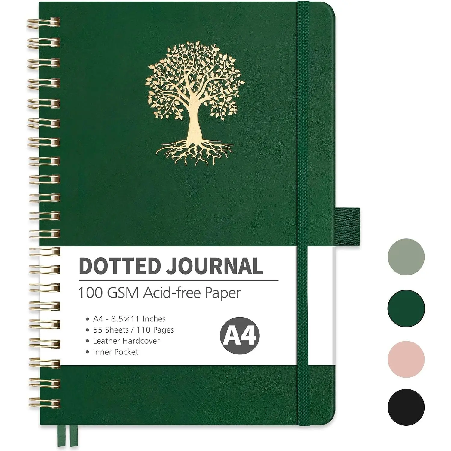 Dot Grid Journal Notebook with Leather Cover - A4 (8.5"×11") Spiral-Bound Journaling Supplies, 110 Pages 100 GSM Thick Paper, 5 mm Dots, Pen Holder, Elastic Band, Ribbon Bookmark, 2 Stencils, Tree Foil Art Planners (Dark Green), Dotted Journal