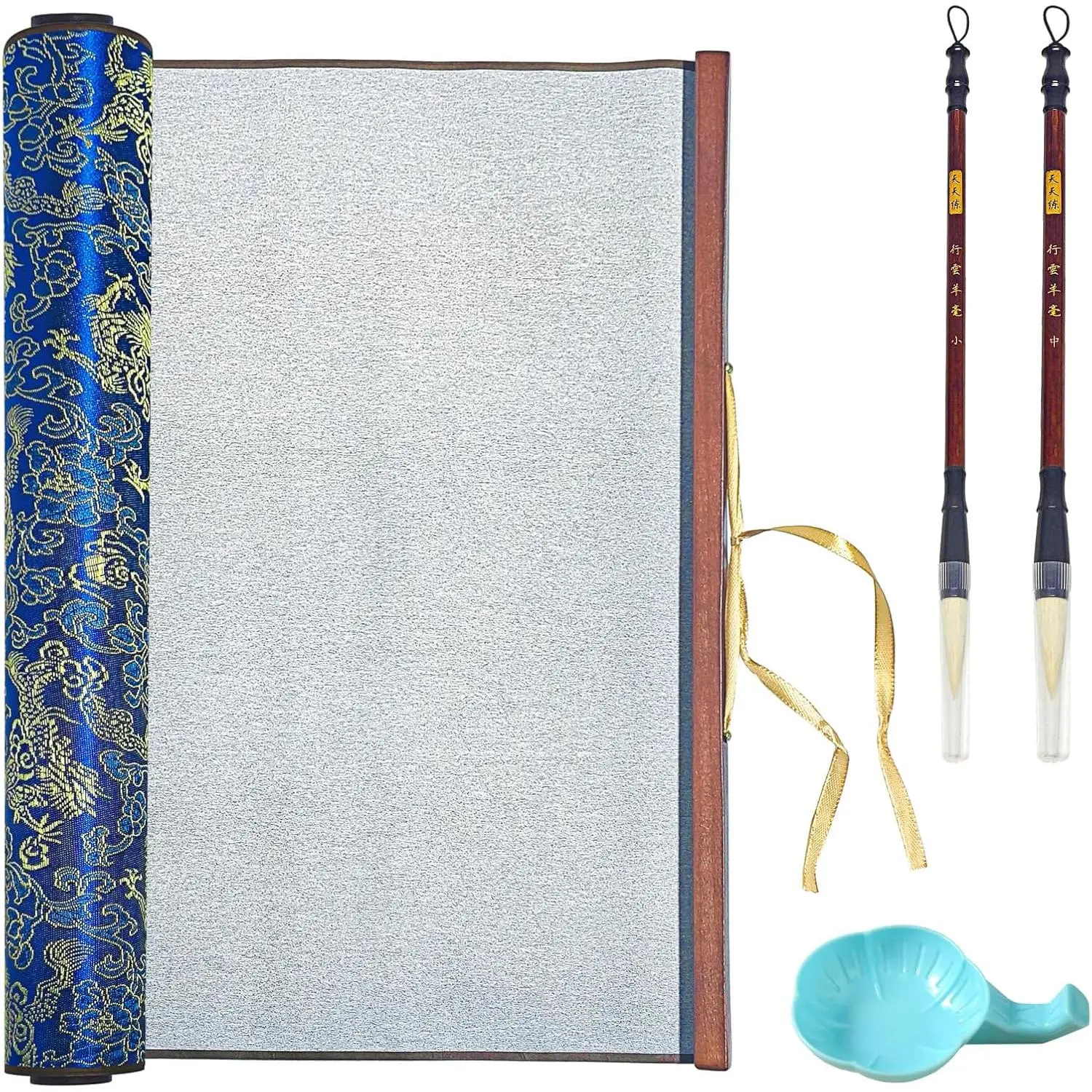 Magic Canvas with Water for Chinese Calligraphy Cloth Scroll with 2 Brushes & Dish, Ten Thousand Times Writing, No Ink No Paper Mess-Free Calligraphy Painting for Beginners Student Practicing