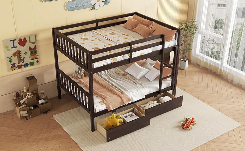 full Over full Rubber Wood Bunk Bed with 2 Drawers, Convertible into 2 full Beds, full Size Bunk Bed with Ladder and Safety Guardrails ,Espresso