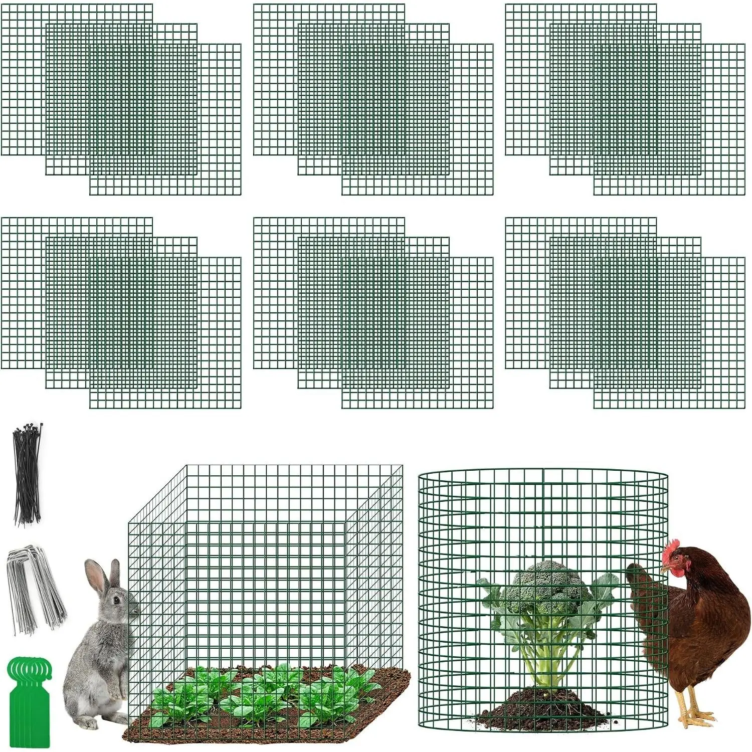 Plant Protectors from Animals - DIY Reusable Plant Cages for Outdoor Plants, Square Mesh Plant Covers Kits, 12"x12" Panels (6/18/30 Pcs) (6, Dark Green)