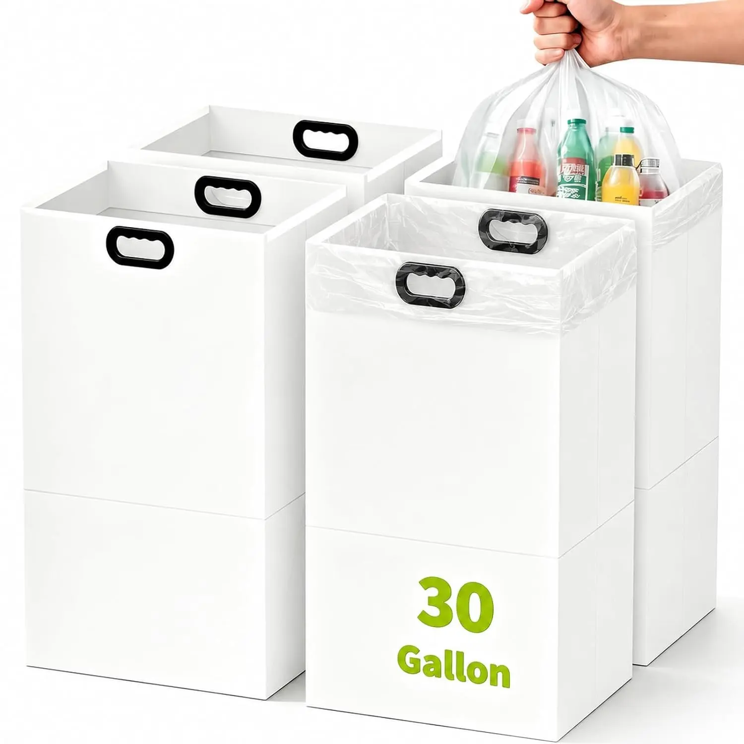4 Pack Upgraded 30 Gallon Large Disposable Trash Cans, Collapsible Thickened Recyclable Cardboard Garbage Cans with Handle for Parties, Events & Weddings (White)