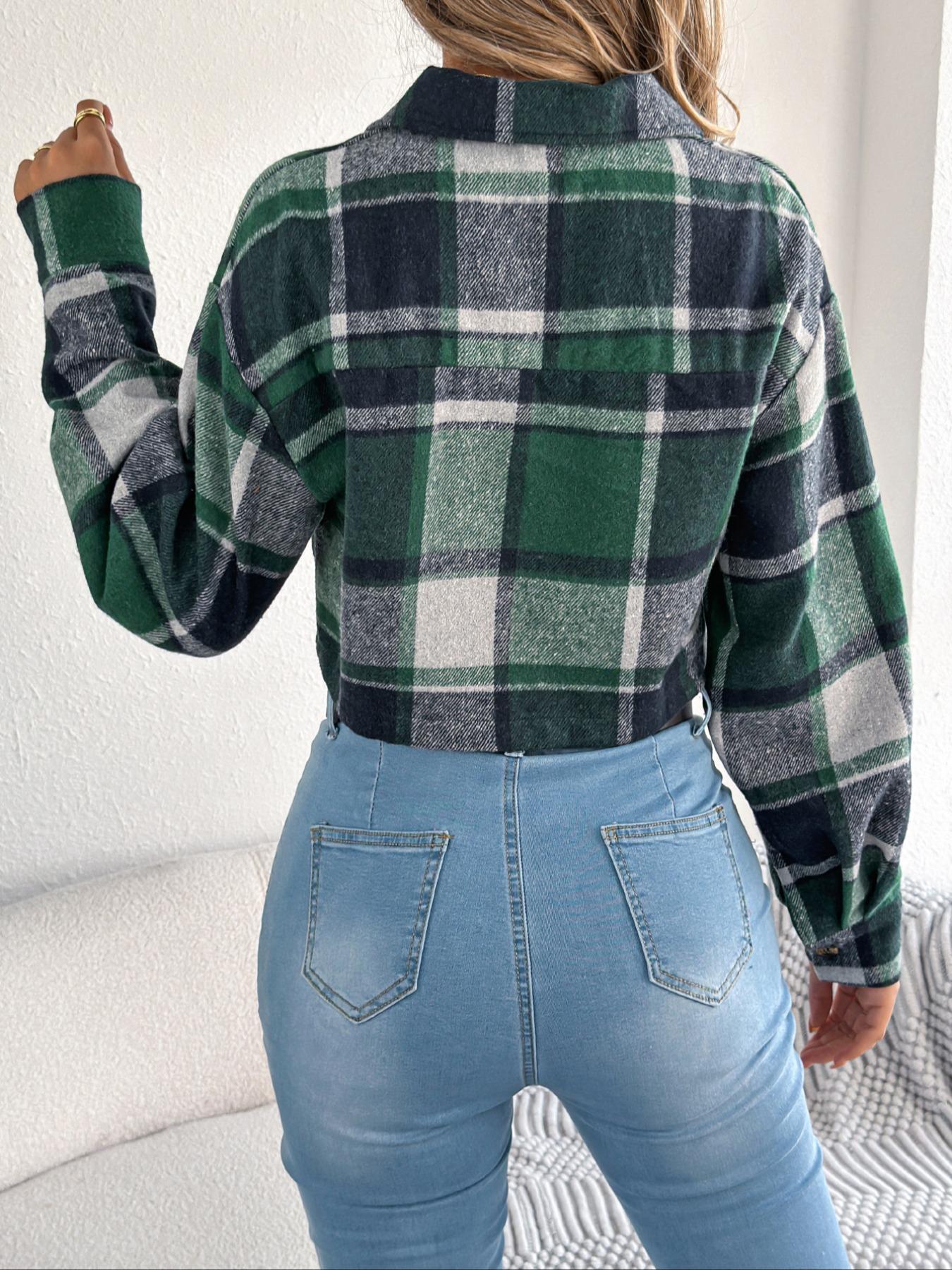 Women's Plaid Print Button Front Drop Shoulder Crop Jacket Coats, Casual Style Long Sleeve Pocket Collared Outerwear for Fall & Winter, Ladies Clothes for Daily Wear