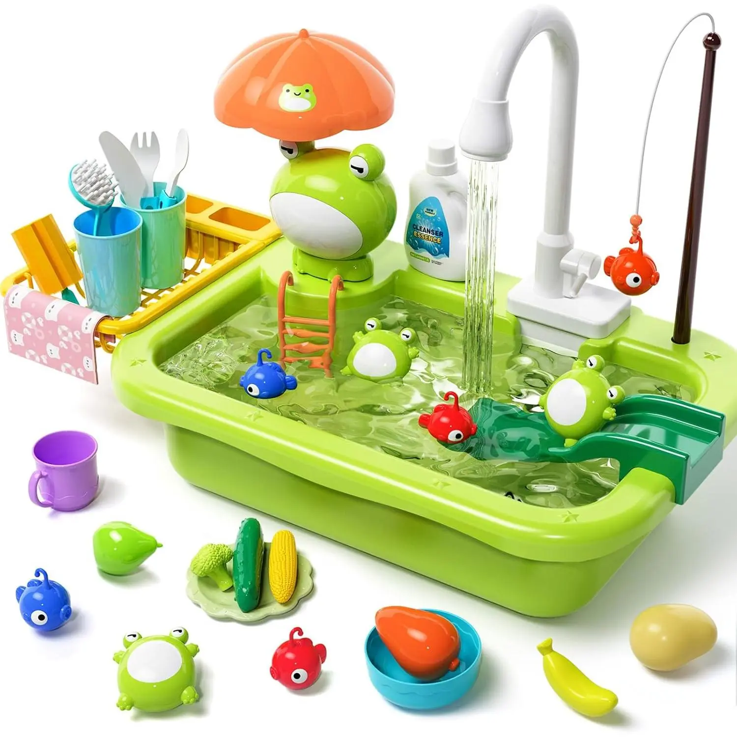 Play Sink with Running Water, Kitchen Play Sink Toy with Electric Faucet, Play Kitchen Accessories, Floating Pool Toys & Fishing Game, Kids Pretend Play-Dishwasher Play Set for Boys Girls Toddlersfidget toys