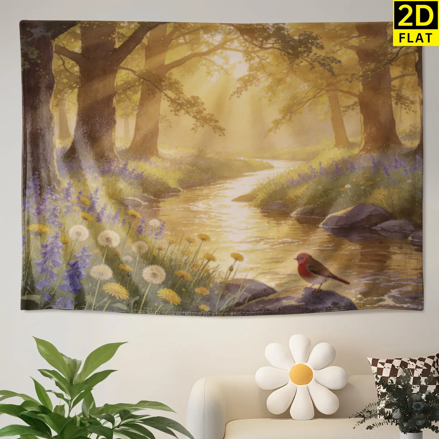 Golden Forest Stream with Robin Bird Wall Tapestry - Large Horizontal Colorfast Hi-Def Print Polyester Wall Hanging, Multi-Size, No Installation Required, Hippie Vibe Indoor/Outdoor Home Decor Artwork, Family Gift Idea