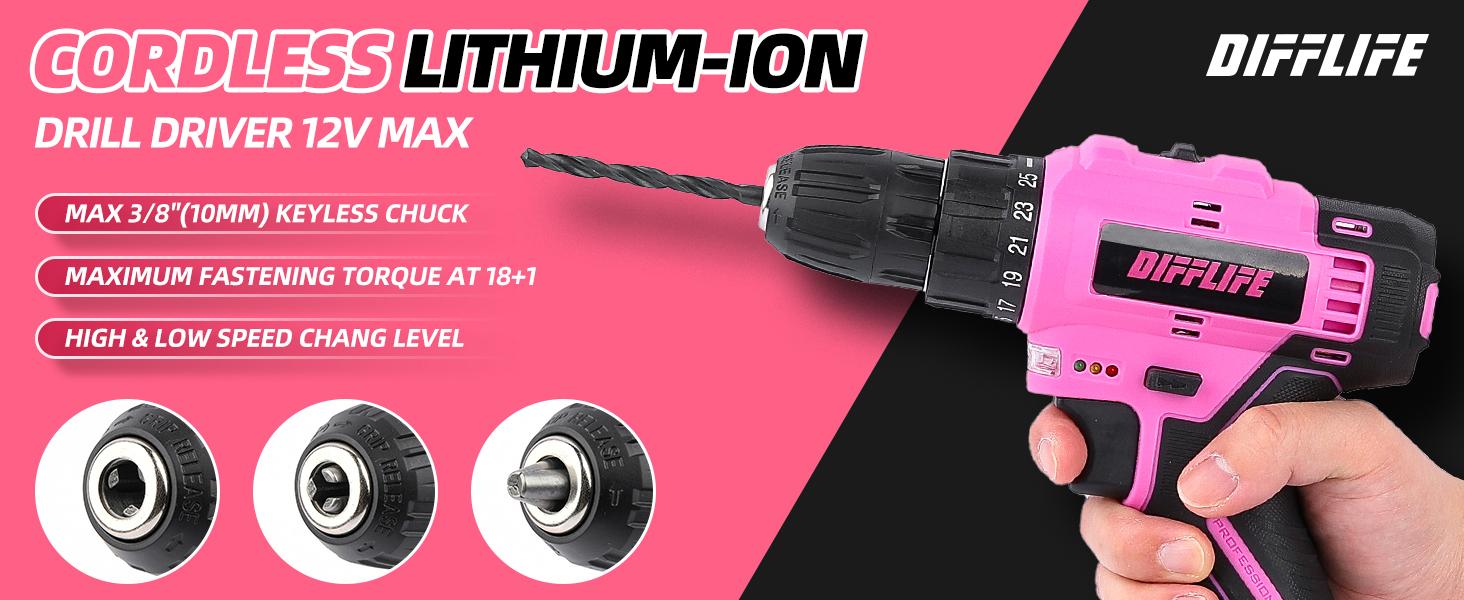 147 Piece Pink Power Drill Drivers Tool Set with 12V Cordless Drill, Professional Household Home Tools Kit Set, DIY Pink Electric Drill Cordless Hand Tool Box for Women