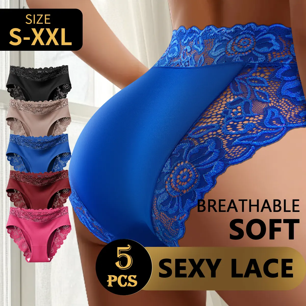 QUASTI Women's 5 Pack Mid Waist Briefs, Lace Trim Comfortable Full Coverage Soft Stretchy Breathable Panties, Hip Lifting No Roll Down Chic Casual Underwear, Daily Wear S-XXL