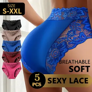 QUASTI Women's 5 Pack Mid Waist Briefs, Lace Trim Comfortable Full Coverage Soft Stretchy Breathable Panties, Hip Lifting No Roll Down Chic Casual Underwear, Daily Wear S-XXL