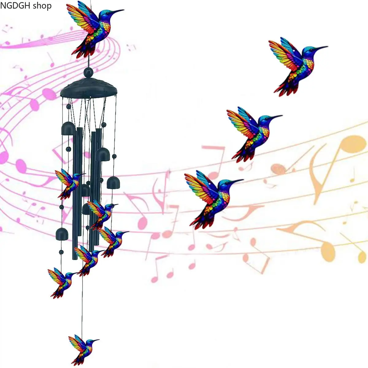 Rainbow Dragonfly Wind Chime - Outdoor Decor, Garden Decor, Vibrant Dragonfly Accents, Black Metal Tubes & Bells, Lightweight, Weather-Resistant, Ideal for Patio & Garden