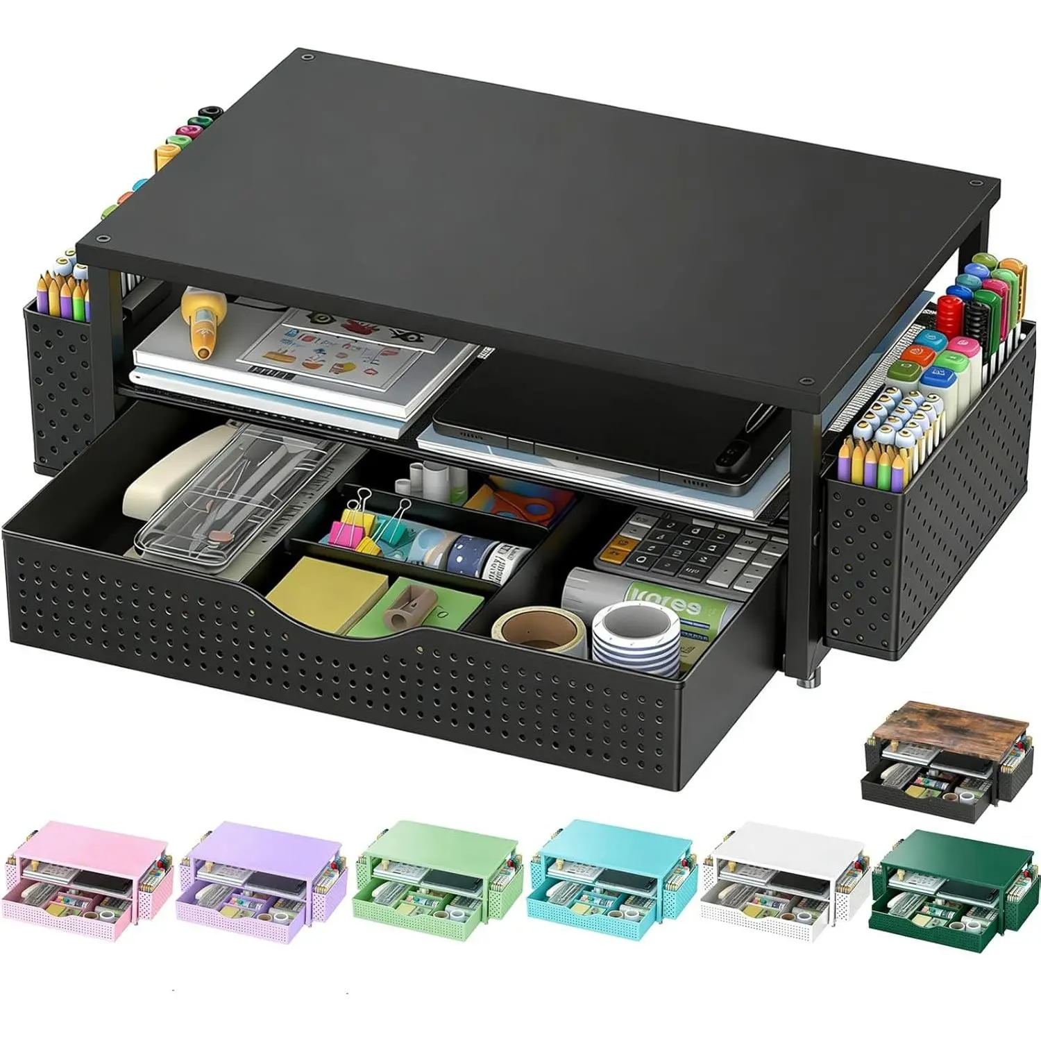 Black Desk Organizer & Office Accessories - Computer Monitor Stand Riser with Drawer and 2 Pen Holders for Office Supplies