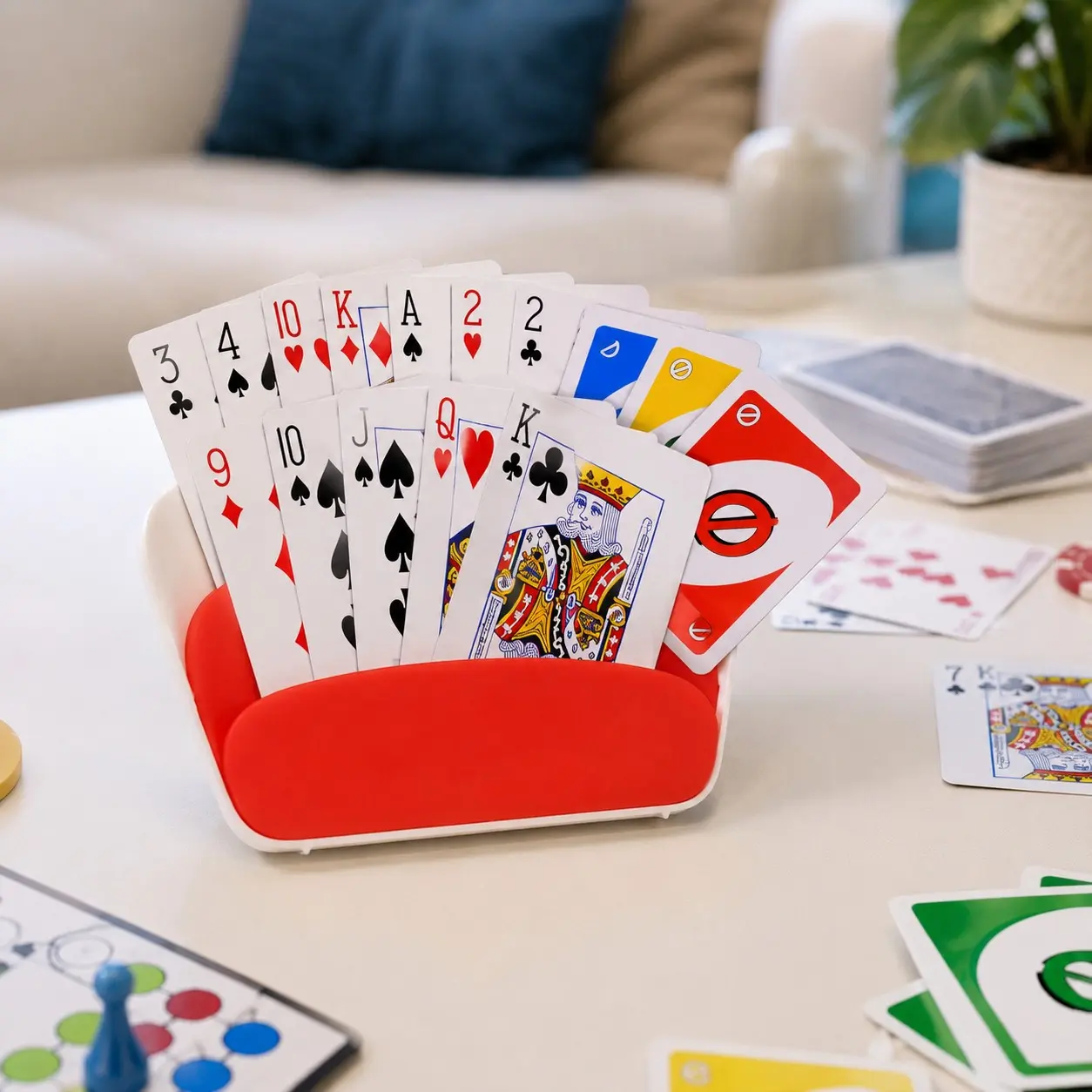 1 pc 3-Layer Foldable Poker Card Holder – Ergonomic Design, Durable PVC Material, Multi-Capacity Storage for Poker & Card Games, Easy Access & Compact Folded Stack, White & Red/Yellow Options