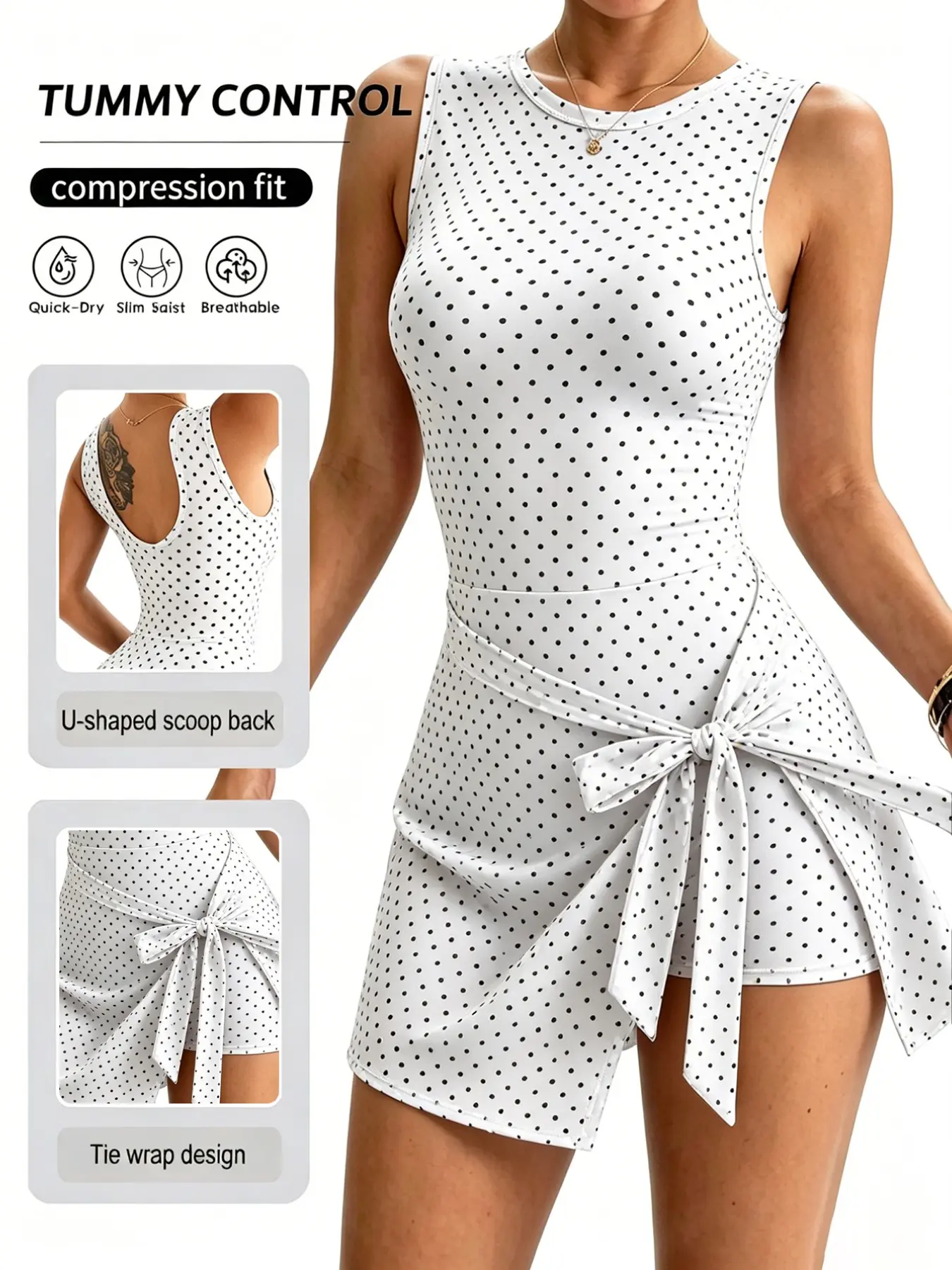 Women's Tennis Dress with Inner Shorts, Sleeveless 2-in-1 Athletic Dress for Tennis Pickleball and Golf, Polka Dot Tie-Front Wrap Skirt Workout Tennis Dress