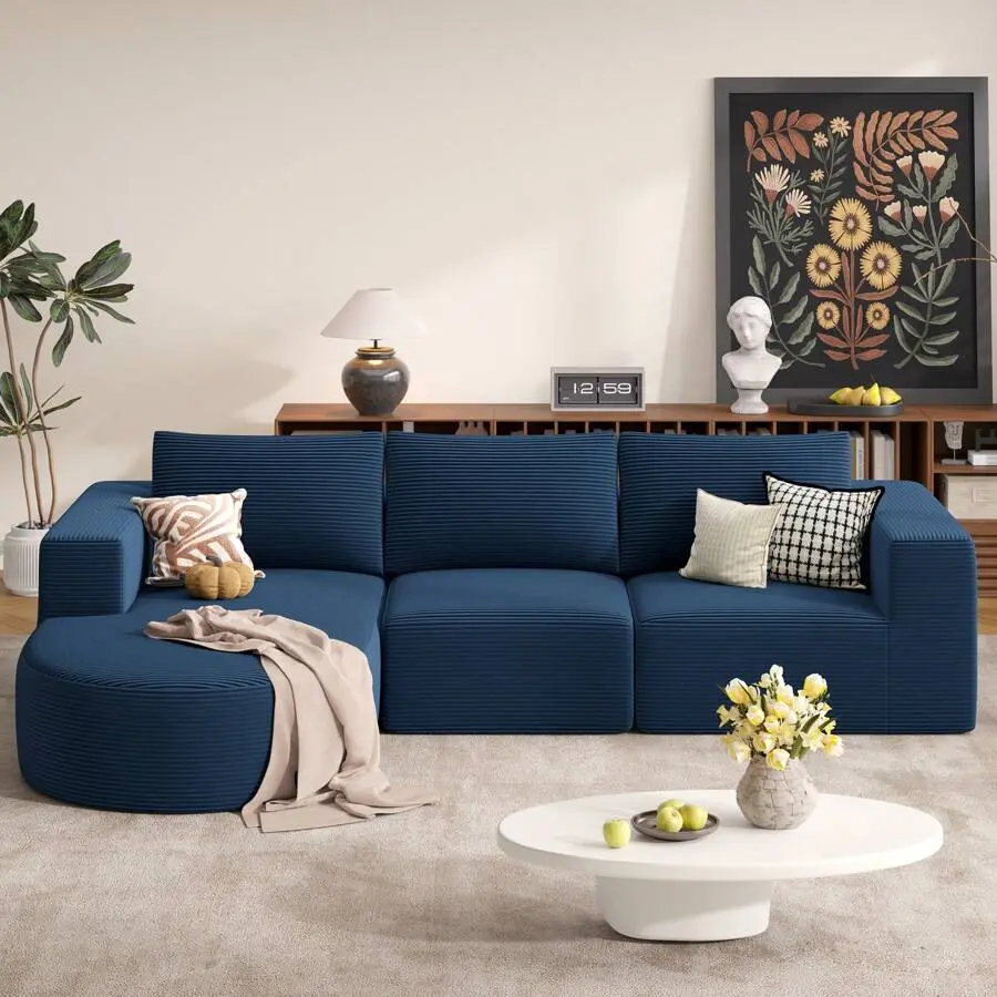 Modular Sectional Sofa With L-Shaped Recliner, Corduroy, Cloud Shaped Modern Sleeper Sofa With Deep Seat, Sponge Compression Sofa No Assembly Required