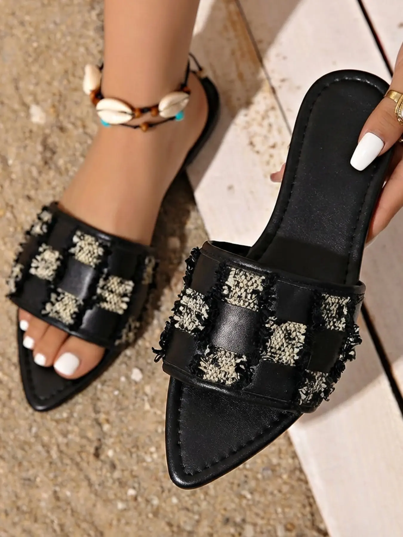 Summer Women's Patchwork Fringe Pointed Toe Sandals, Plaid Patchwork Single Strap Design, Boho Beach Vacation Retro Flat Mules