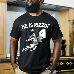 He Is Rizzin Shirt Funny Tees of Jesus Playing Basketball Vintage Faith Shirts Unisex Basketball Graphic T Shirts Summre Cotton
