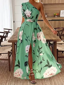 Plus Size Floral Print Dress, Off-Shoulder Summer Long Dress with Belt, Side Slit Design, Perfect for Dates, Shopping, and Vacations