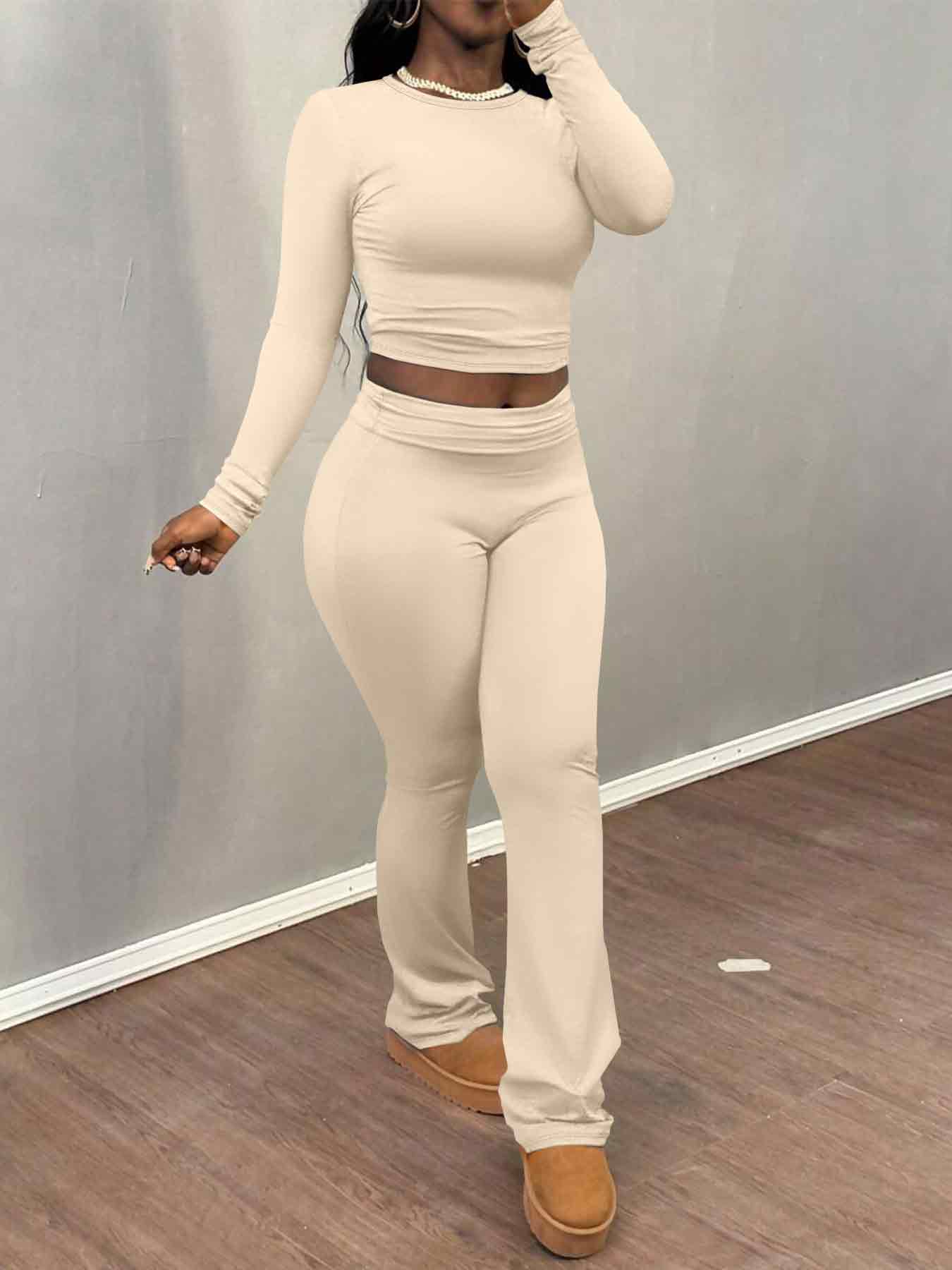 Women's Solid Long Sleeve Crop Top & Flare Leg Pants Two-piece Set, Casual Fashion Cozy Basic Round Neck Top & Bell Bottom Trousers for Daily Outdoor Wear, Women's Clothing for Fall & Winter