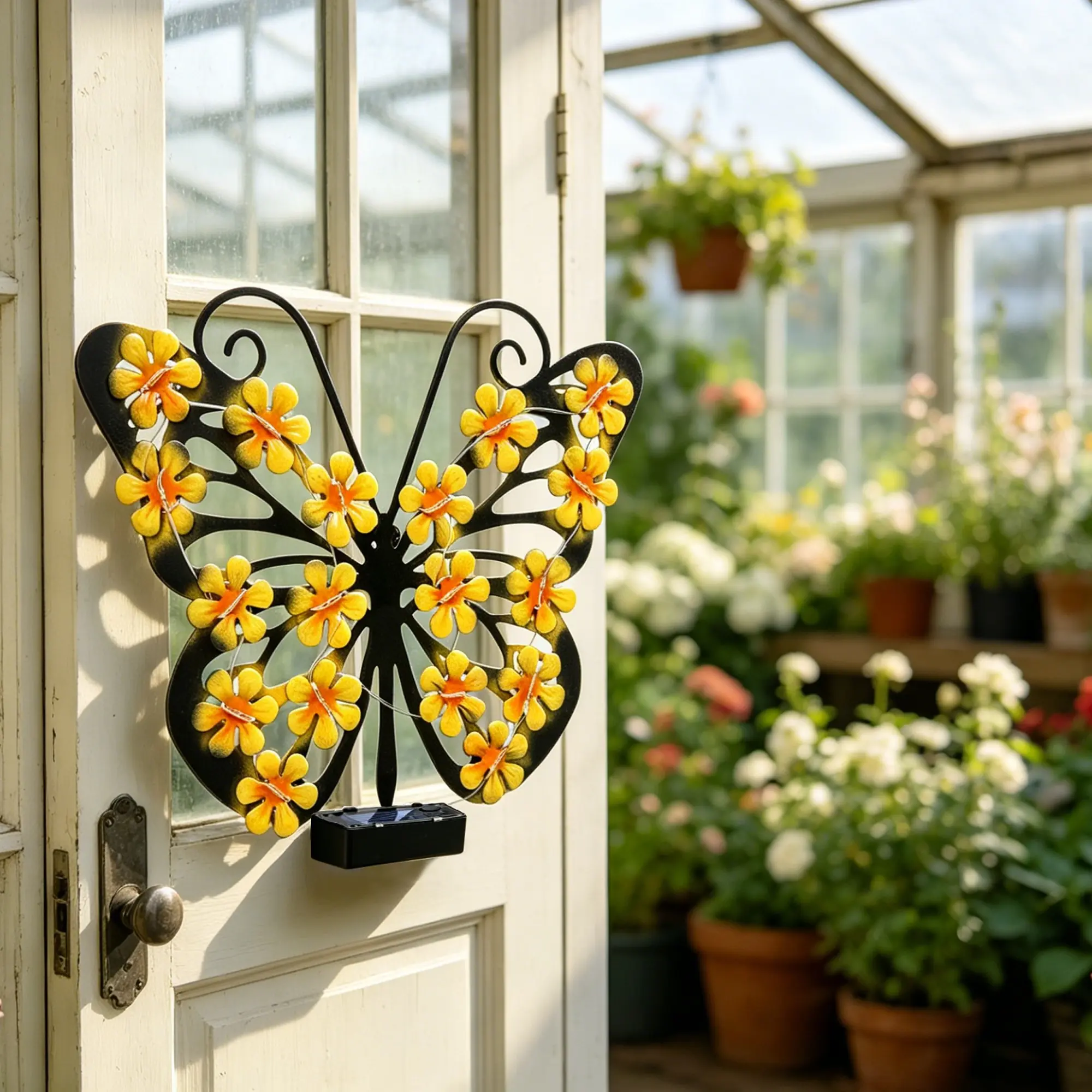 Solar iron black butterfly LED outdoor landscape garden light pendant metal black butterfly decorative terrace walkway flower bed porch balcony exterior wall art decorative light, suitable for gardening enthusiasts, Outdoor Solar Lights