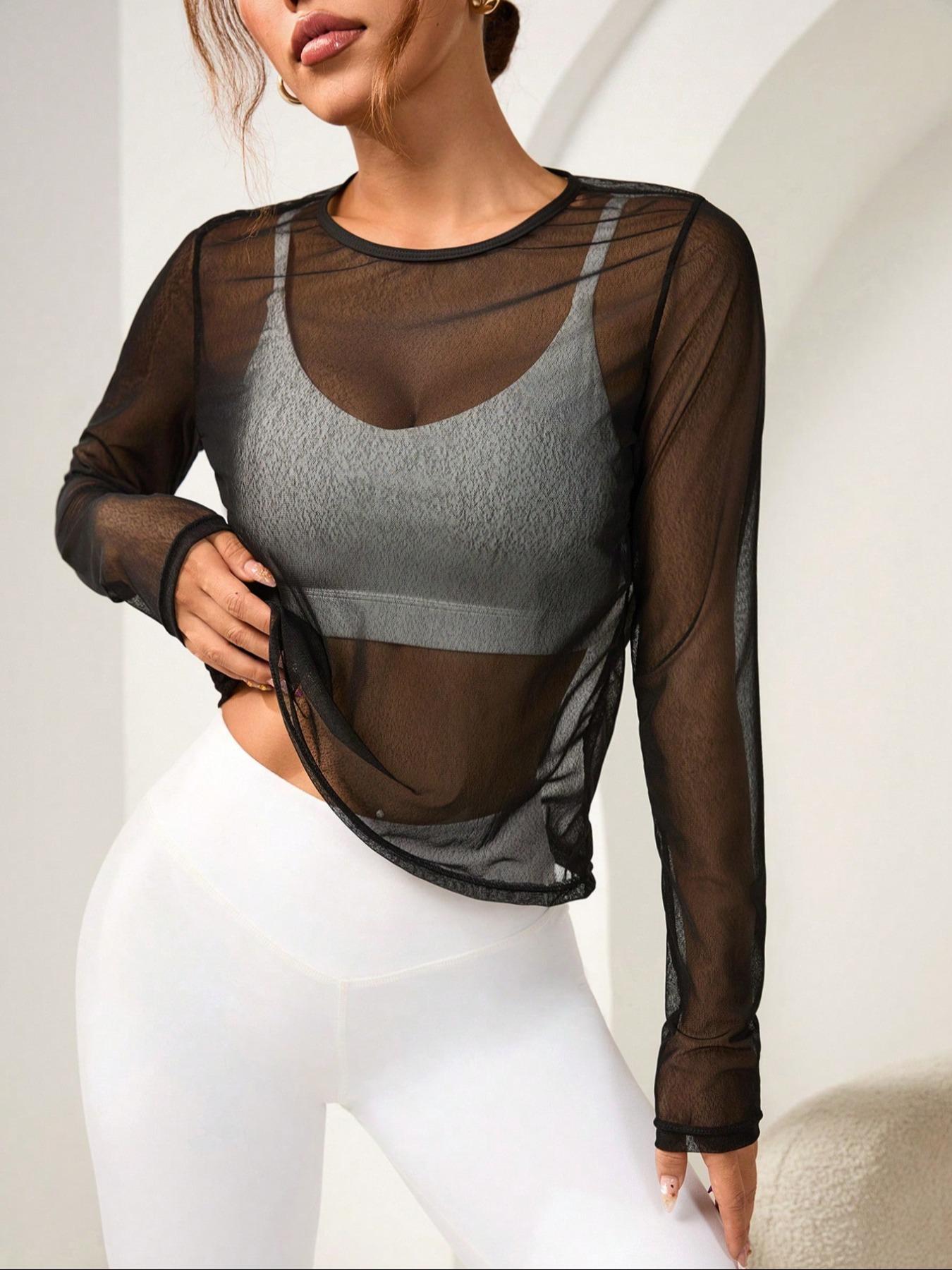 Women's Solid Sheer Round Neck Mesh Sports Tee without Bra, Long Sleeve Crew Neck T-shirt for Daily Outdoor Wear, Ladies Sportswear for All Seasons, Soft Polyester Top