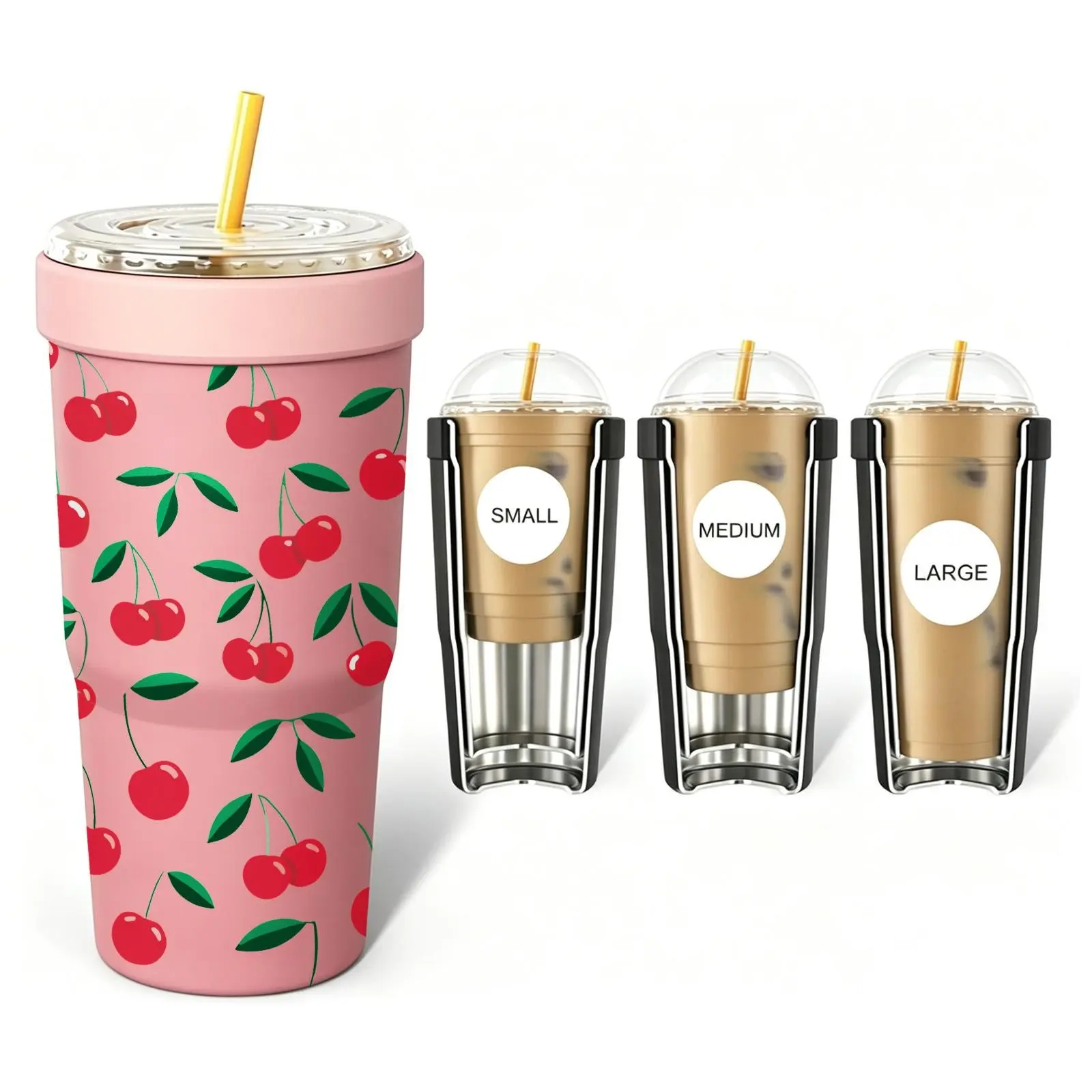 1 Pc 32oz Cherry Print 2-in-1 Insulated Can Cooler, Portable Insulated Tumbler, Includes Tumbler Lid, Converts into a 32oz Travel Tumbler, Double Wall Vacuum Stainless Steel, Fits Most 16-24oz To-Go Coffee & Bubble Tea Cups, Perfect for Daily Use
