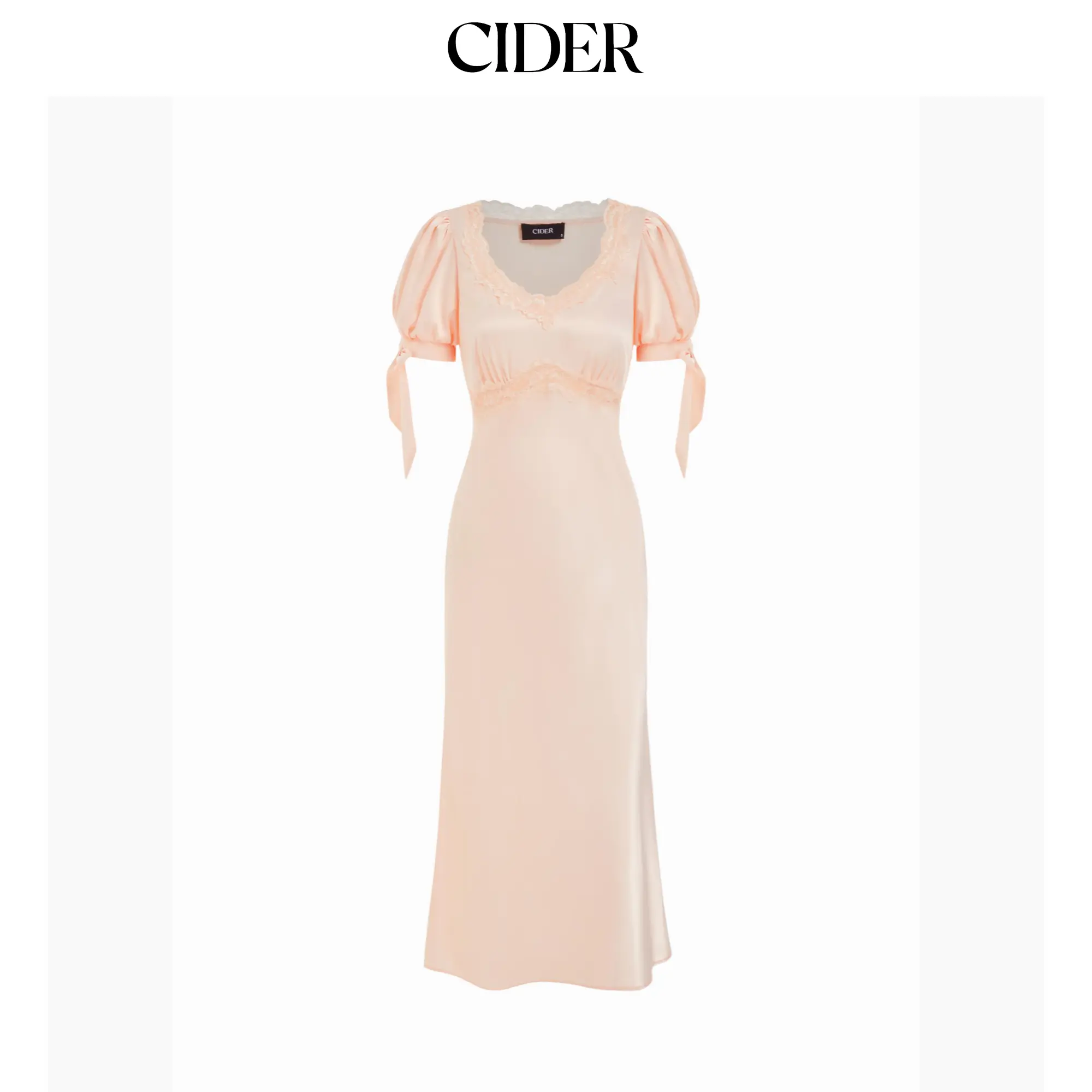 Cider Satin V-neck Lace Trim Bowknot Lantern Sleeve Mermaid Maxi Dress