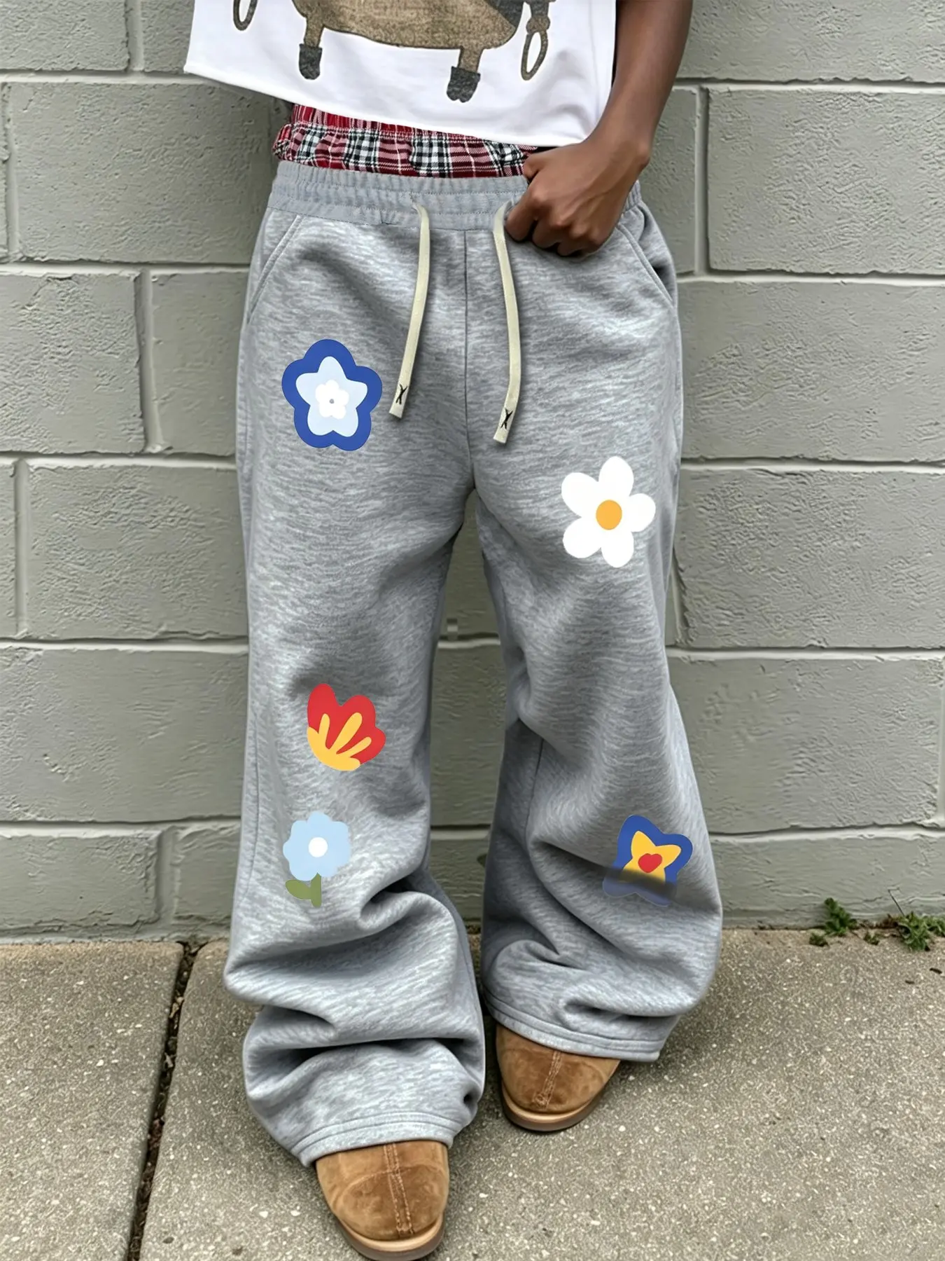 Neutral Loose Wide Leg Sweatpants, Cute Cartoon Flower Print Drawstring Casual Long Pants, Perfect for Streetwear Daily，Sports & Outdoor Accessories gifts my primе outfit