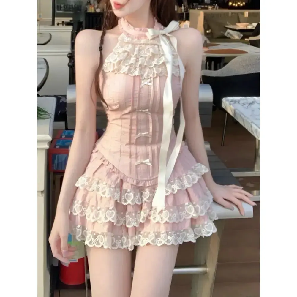 Japanese Kawaii Sweet Elegant New 2 Piece Set Women Lace Up Vintage Kawaii Set Female Y2k Princess Mini Skirt Suit Summer 2024