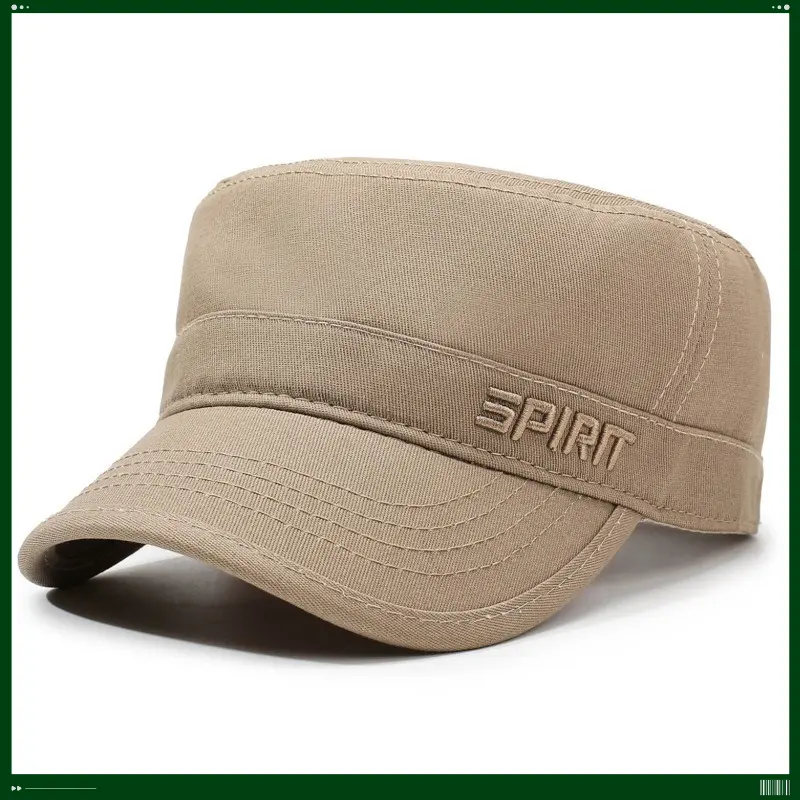 Mens Womens Flat Top Military Hat Cotton Cadet Army Cap Embroidered Letter Khaki Hat Soft Adjustable Classic Ball Cap Summer Outdoor Sports Sun Hat Casual Running Fishing Hiking Golf Travel Caps