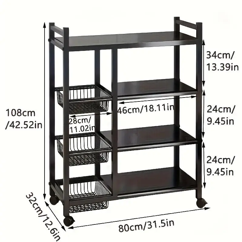 1pc Metal Frame Kitchen Storage Rack - Adjustable 4-Storey Standing Organizer with 3 Wire Baskets & Wheels, Suitable for Kitchen, Garage, Pantry, Ideal New Home Gift