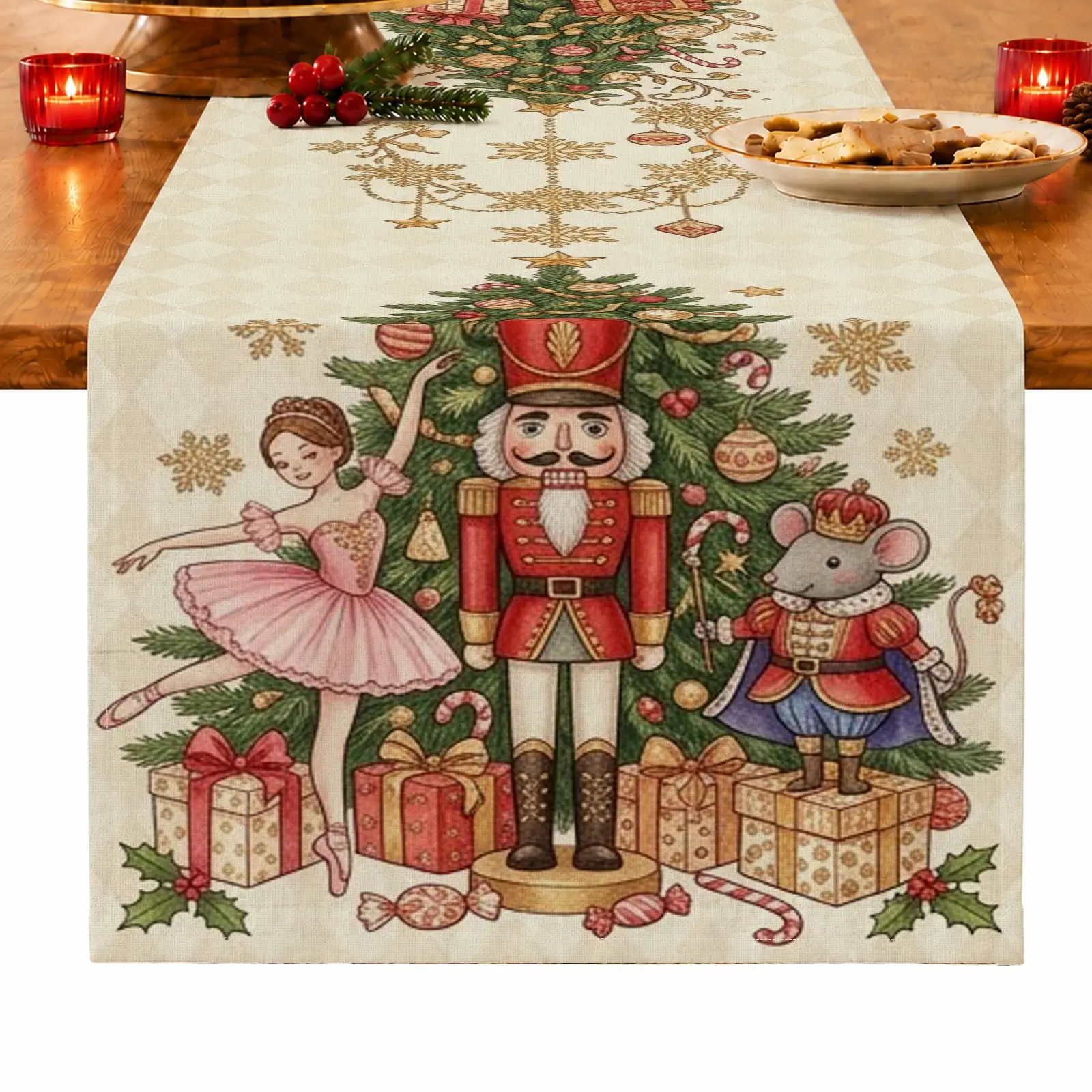1pc Christmas Tree Nutcracker Ballerina & Gift Box Table Runner, Vintage Christmas Style, for Dining Table, Kitchen, Christmas Dinner & Holiday Gathering, Christmas Table Decoration
