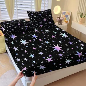 Cute Iridescent Pastel Star Black Background Fitted Sheet Set, 1 Fitted Sheet + 2 Pillowcases, Deep Pocket Non-Slip Mattress Cover, Soft Fabric, Dreamy Y2K Galaxy Pattern, Lovely Birthday Gift For Teen Girls Y2K Style Lovers