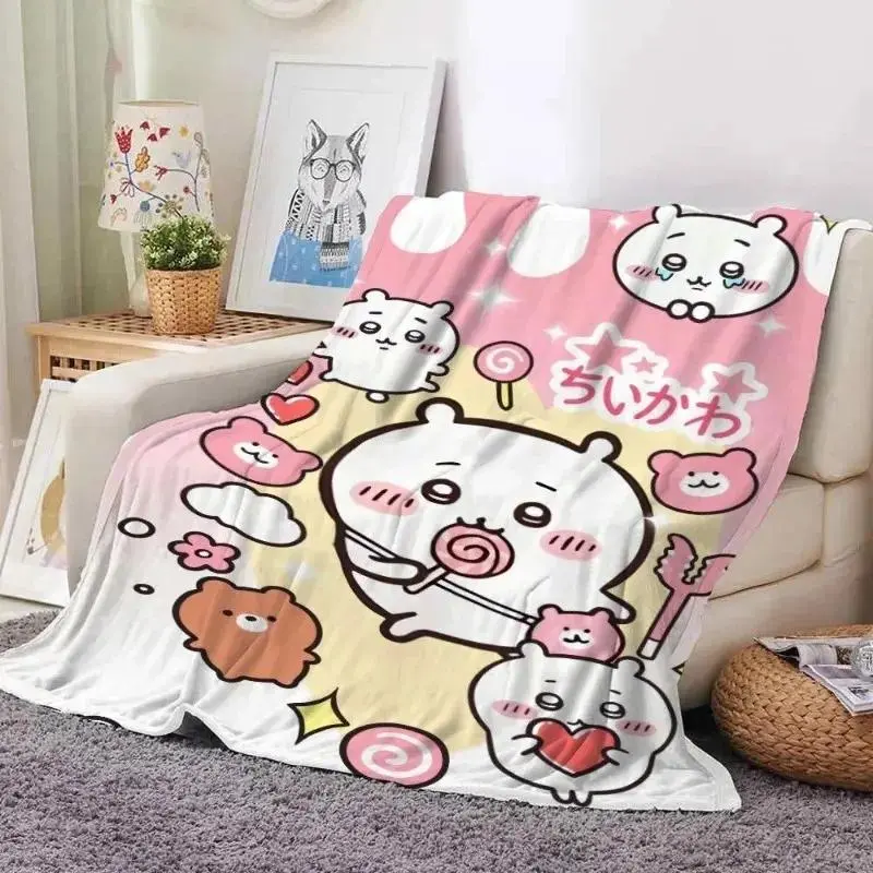 Premium Flannel C-Chiikawa Hachiware Usagi Cartoon Kawaii Blanket - 100x75 cm, Portable, Cozy, Fade Resistant, Machine Washable, Ideal for Teens, Dorm/Travel Use, Valentine/Friends Gift