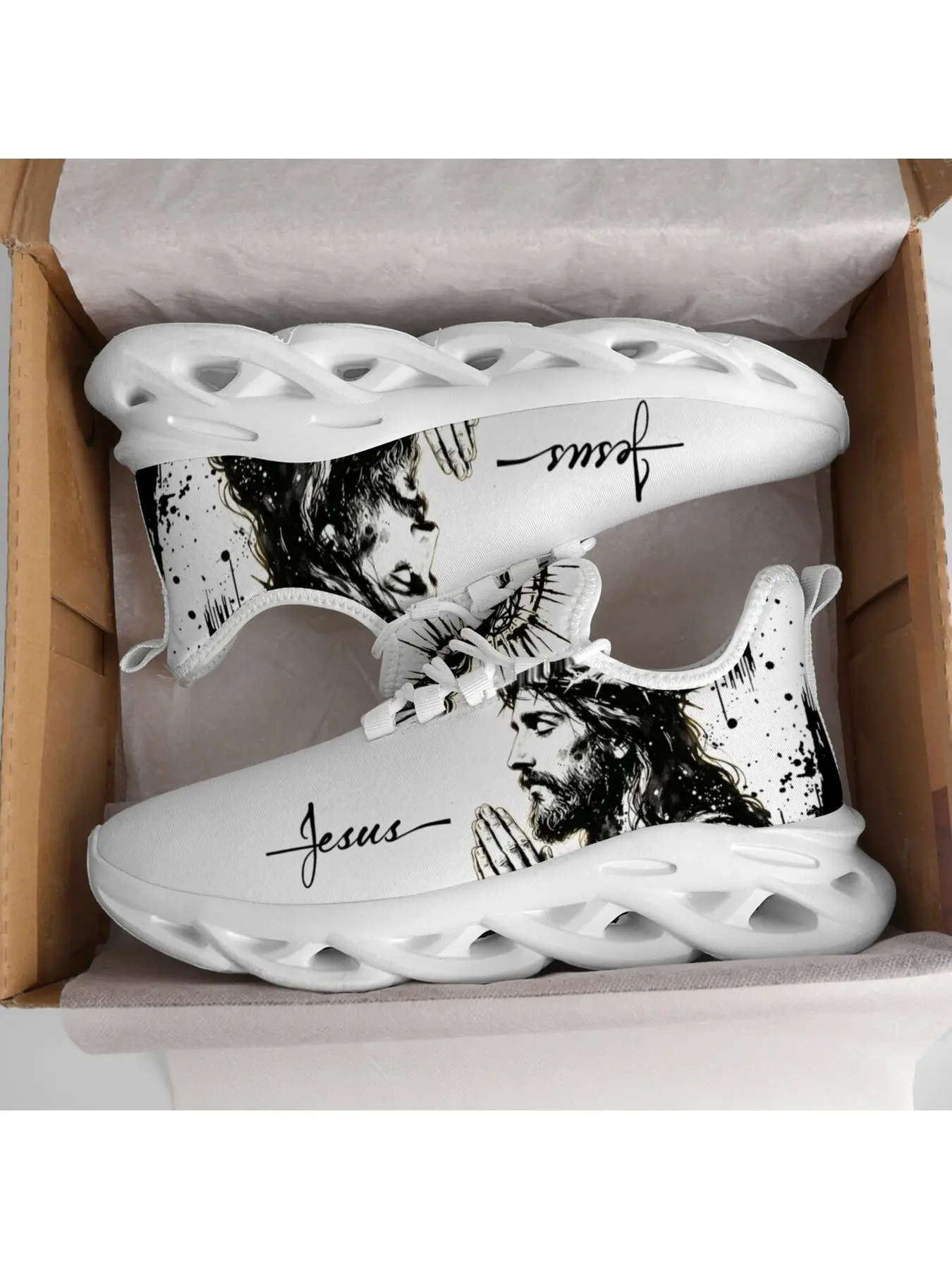 Popular Adult Man Woman Lace Up Trainers Jesus Personalized Design Breathable White Mesh Running Shoes Christian Faith Handwritten Font & Thorn Crown Graphic Hollow Wave Sole Casual Athletic Trainers For Men Women