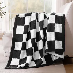 Checkered Knit Throw Blanket, Ultra Soft and Warm Reversible Woven Blankets, Cozy Snuggly Throw for Couch Bed and Home Decor, Black, 50"x60"