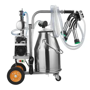 VEVOR Electric Cow Milking Machine, 6.6 Gal/ 25 L 304 Stainless Steel Bucket, Food-Grade Teat Cups and Silicone Hose, Strong Suction, Vacuum Pulsation, Electric Milker Machine with Wheels for Cow