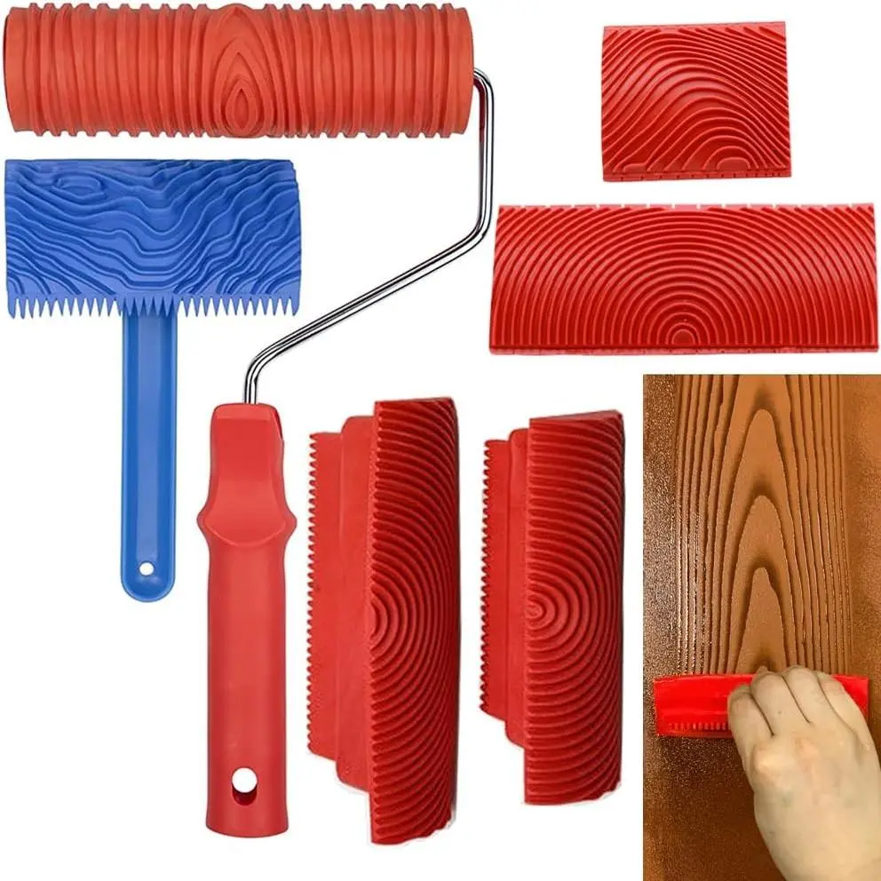 6pcs 7" Wood Graining Tool Set DIY Fake Wood Grain Roller Painting Tool with Handle Rubber Graining Tool for Wall Room Art Paint Decoration